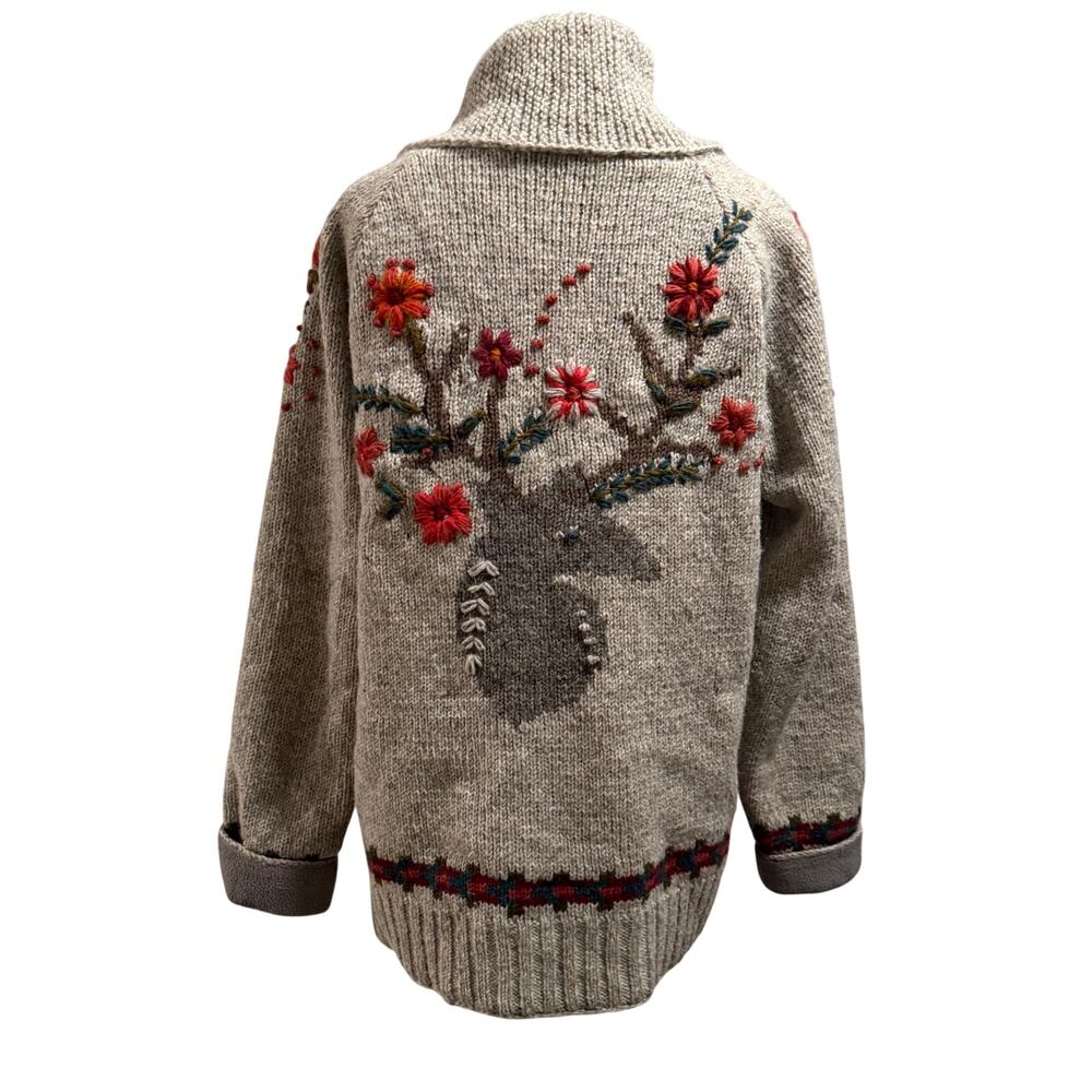 Lost Horizons Wool Cardigan Sweater Nepal Embroidered Floral Deer Zip Up Small